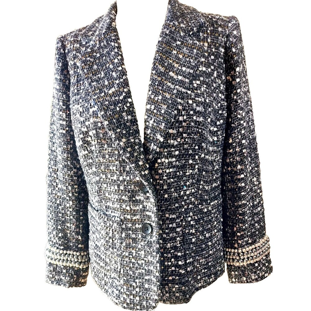 Joan Rivers Gray Black Tweed Blazer Sequin Pearl Detail Trim on sleeve Size 12